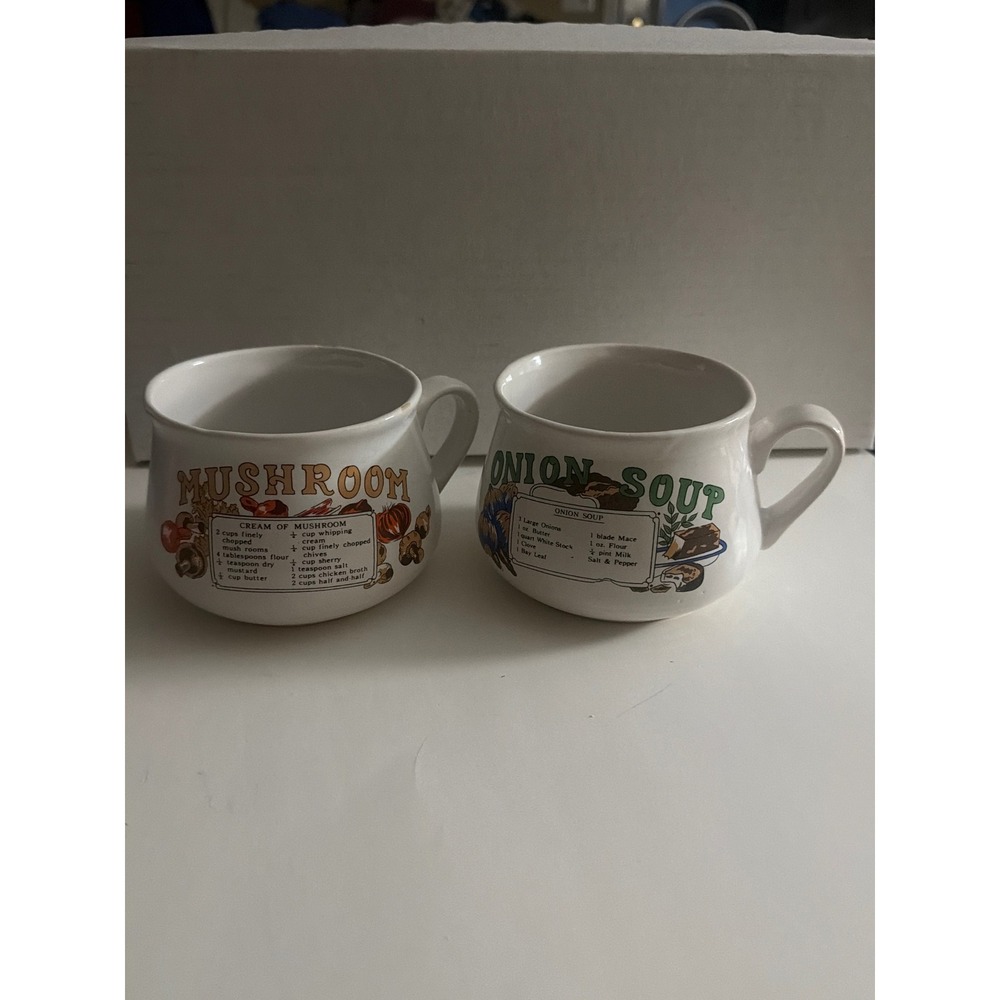 Vintage Ceramic Soup Mugs Set of 2 Mushroom and Onion Soup Recipe Crocks White